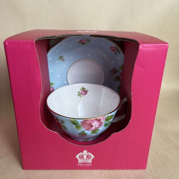 Royal Albert Pink Rose Polka Blue Teacup & Saucer Set‎ New in Box - Picture 1 of 6